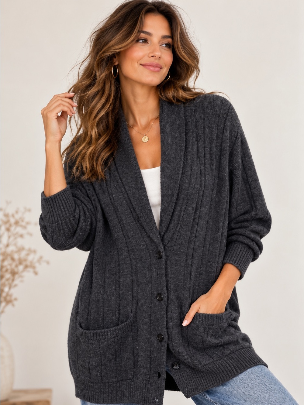 Vintage Nordstrom Town Square L Merino Wool Ribbed Shawl Collar Cardigan
